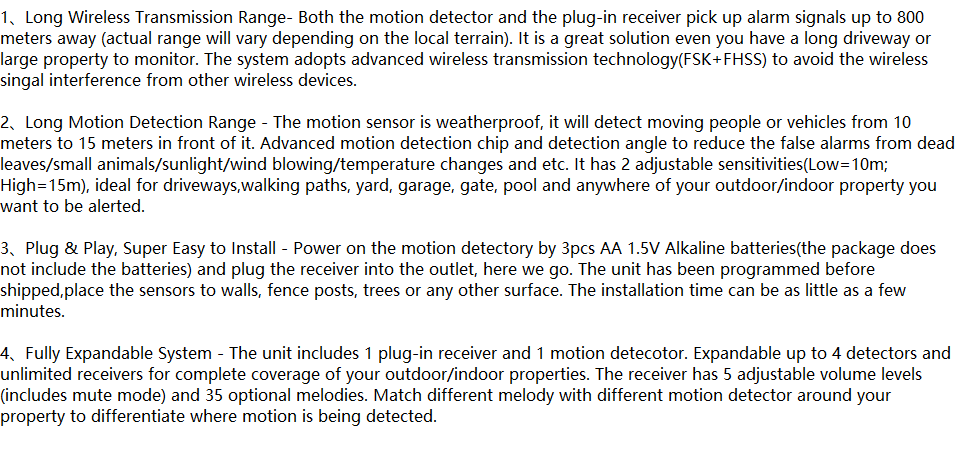 Driveway Alarm 800M Long Range Wireless Weather Resistant Motion Sensor&Detector-Monitor&Protect Outdoor/Indoor Property