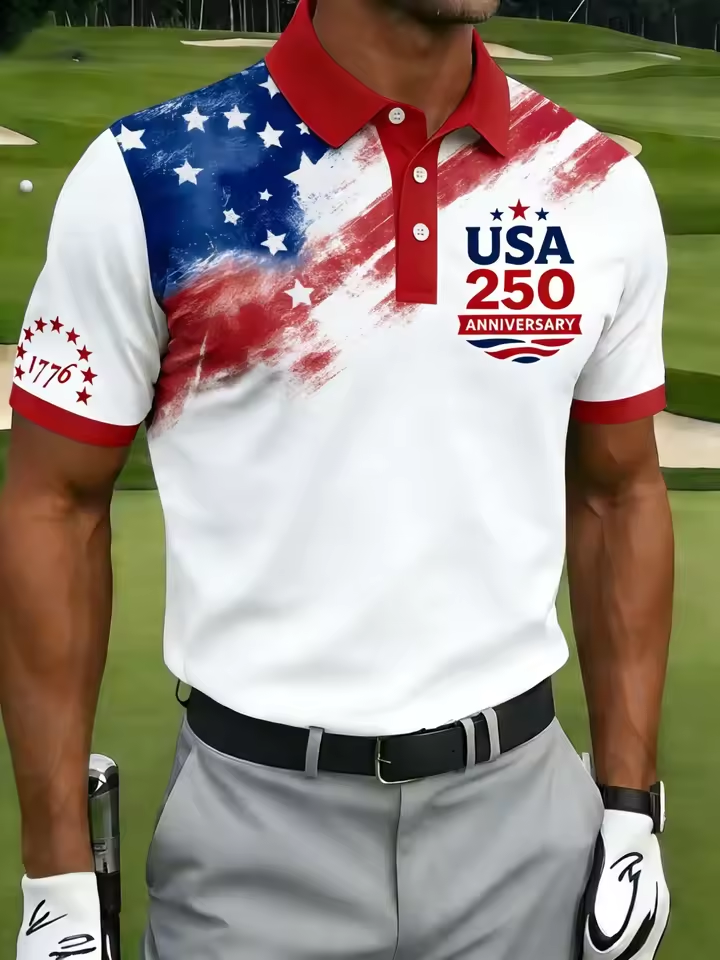 Men's USA 250th Anniversary Star Print Polo Shirt 3D Patriotic USA Flag Short Sleeve Breathable Golf Casual Top 2026